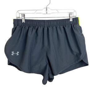 Under Armour Shorts Women Large Grey Yellow Lined Fitted Heatgear Running Active